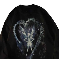 Fairy Heart Print Sweatshirt for Everyday Wear Black / S