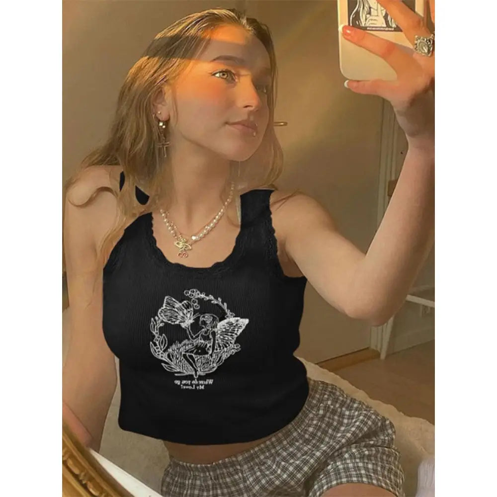 Fairy Lace Trim Crop Tank Top Black / S