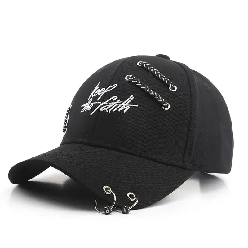 Faith Baseball Cap with Chain Ring Design Black
