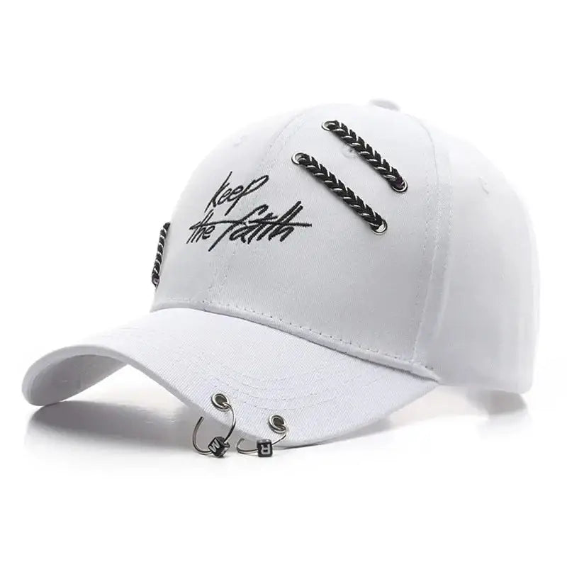 Faith Baseball Cap with Chain Ring Design White