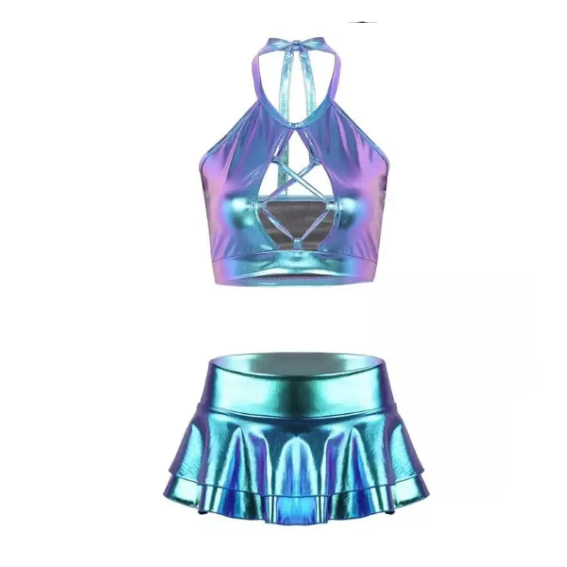 Fantasy Shiny Metallic Crop Top and Skirt Set