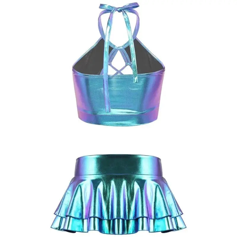 Fantasy Shiny Metallic Crop Top and Skirt Set
