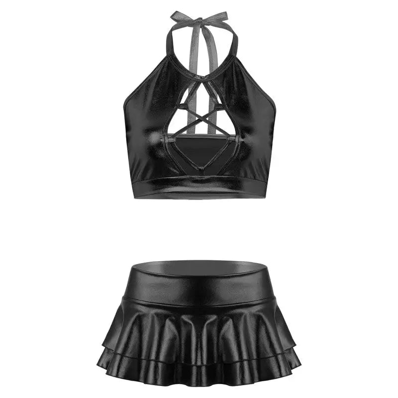 Fantasy Shiny Metallic Crop Top and Skirt Set Black / S