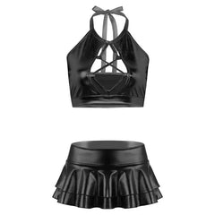 Fantasy Shiny Metallic Crop Top and Skirt Set Black / S