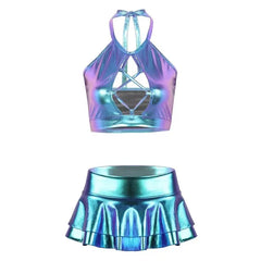 Fantasy Shiny Metallic Crop Top and Skirt Set Blue / S