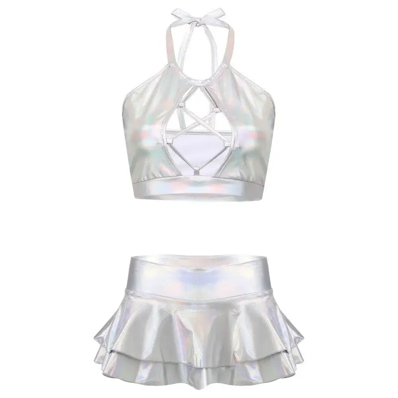 Fantasy Shiny Metallic Crop Top and Skirt Set Silver / S