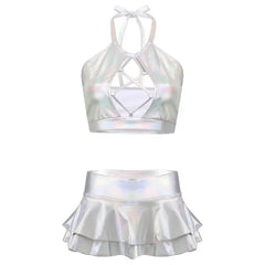 Fantasy Shiny Metallic Crop Top and Skirt Set Silver / S