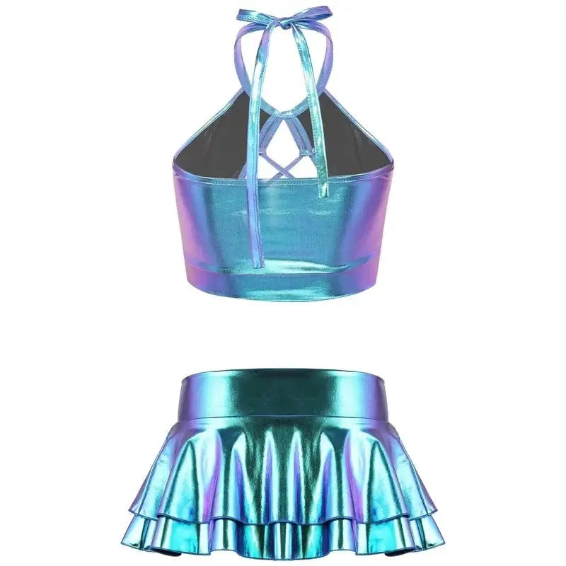Fantasy Shiny Metallic Set Crop Top And Skirt - 2 Piece