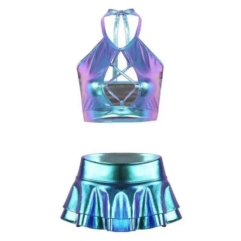 Fantasy Shiny Metallic Set Crop Top And Skirt - Blue / S