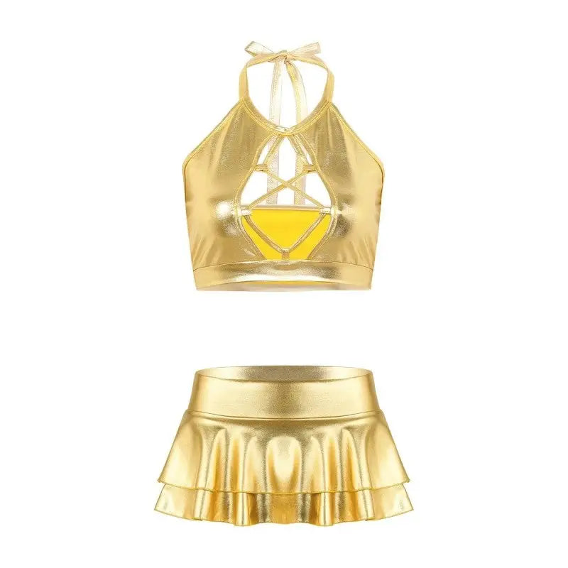 Fantasy Shiny Metallic Set Crop Top And Skirt - Gold / S