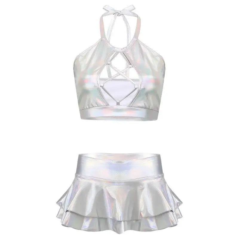 Fantasy Shiny Metallic Set Crop Top And Skirt - Silver / S