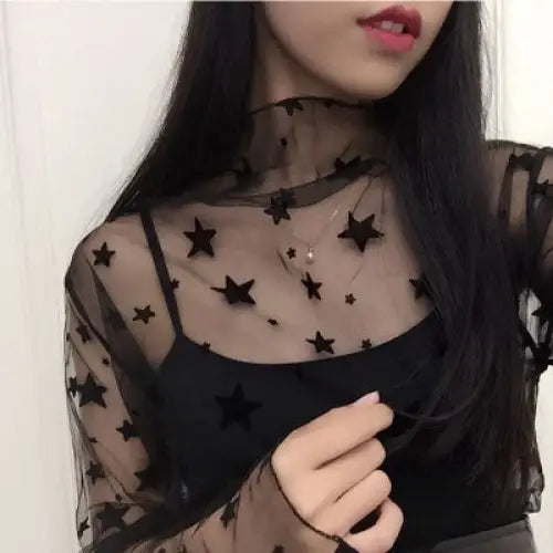 Fashion Black Mesh Long Sleeve blouse - Gray / One Size
