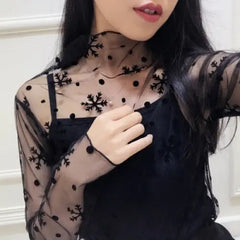 Fashion Black Mesh Long Sleeve Top with Crochet Lace