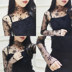 Fashion Black Mesh Long Sleeve Top with Crochet Lace Details