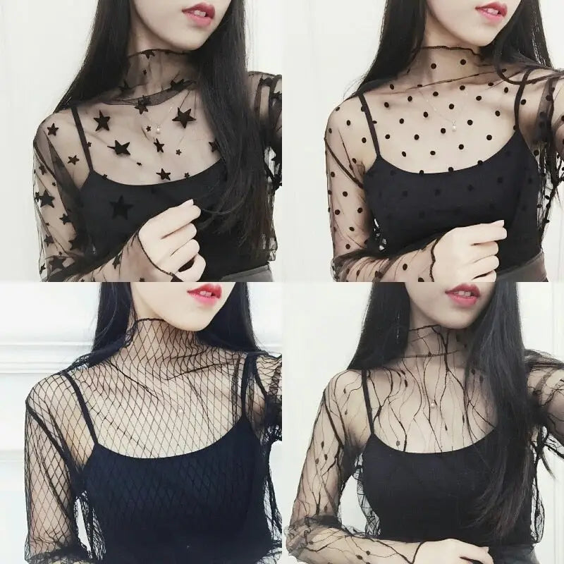 Fashion Black Mesh Long Sleeve Top with Crochet Lace Details