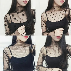 Fashion Black Mesh Long Sleeve Top with Crochet Lace Details