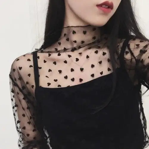 Fashion Black Mesh Long Sleeve Top with Crochet Lace Details