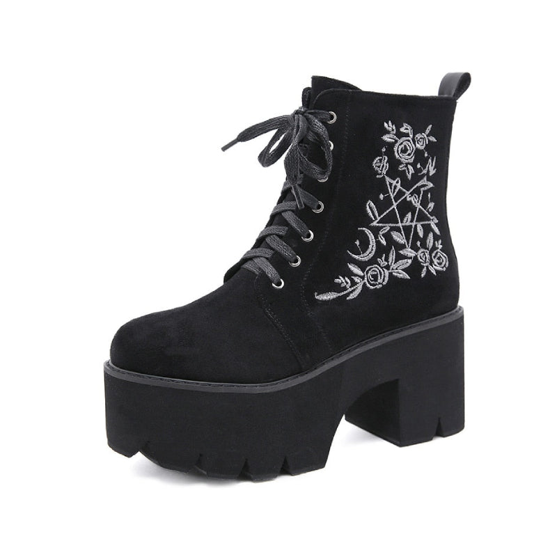 Fashion Flower Suede Leather Platform Chunky Punk Boots -