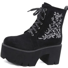 Fashion Flower Suede Leather Platform Chunky Punk Boots