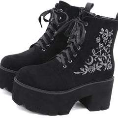 Fashion Flower Suede Leather Platform Chunky Punk Boots