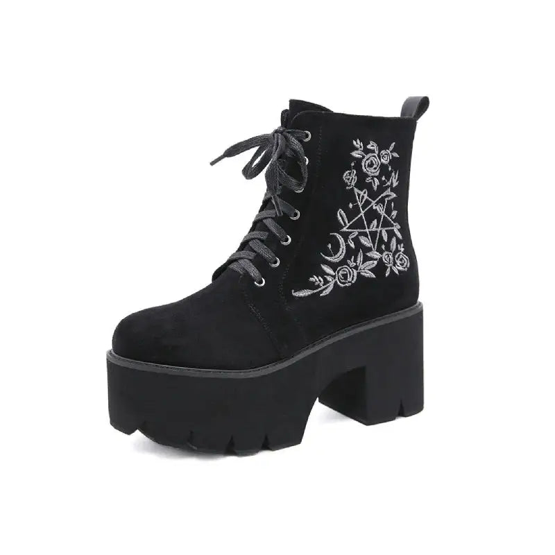 Fashion Flower Suede Leather Platform Chunky Punk Boots