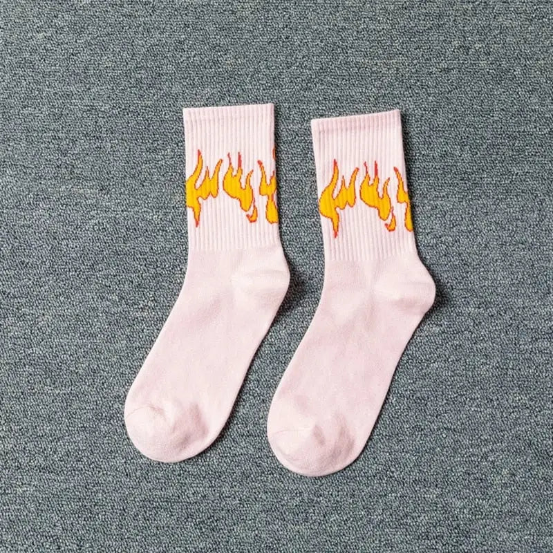Fashion Hip Hop Flame Pattern Socks Cream / One Size
