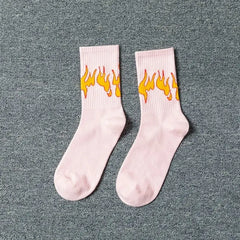Fashion Hip Hop Flame Pattern Socks Cream / One Size