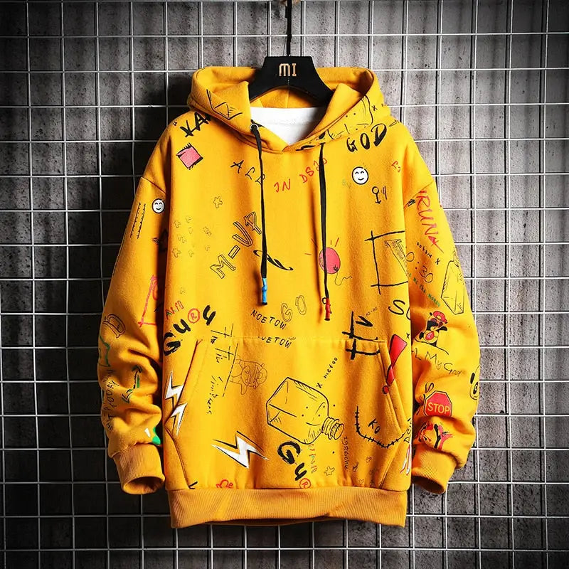 Fashion Letters Cartoon Hoodie for Men Everyday Wear Yellow