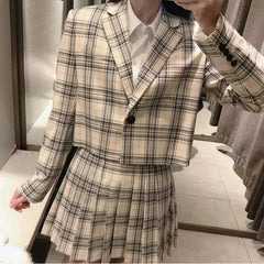 Fashion Plaid Blazer Jackets and Mini Skirt Set for Women