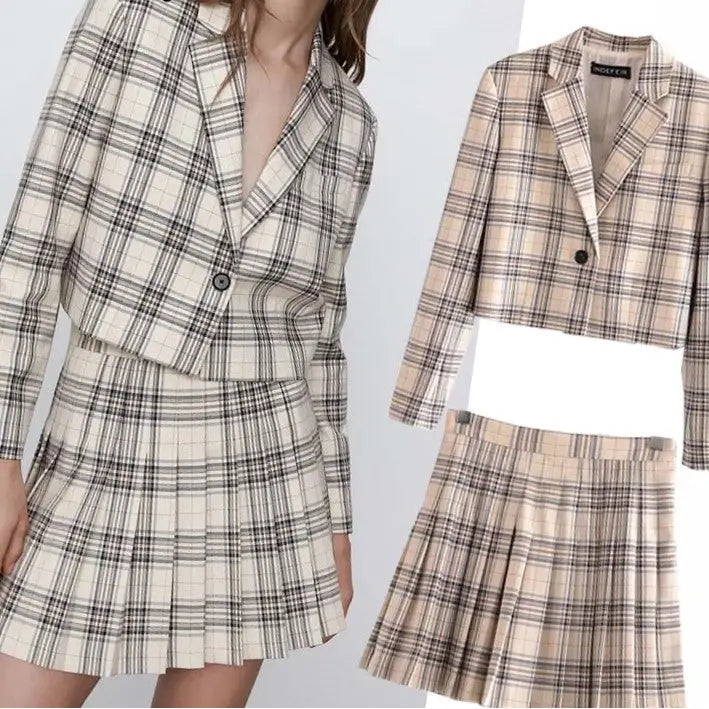 Fashion Plaid Blazer Jackets and Mini Skirt Set for Women