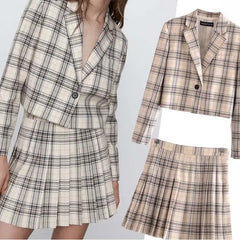 Fashion Plaid Blazer Jackets and Mini Skirt Set for Women