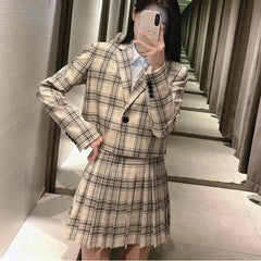 Fashion Plaid Blazer Jackets and Mini Skirt Set for Women