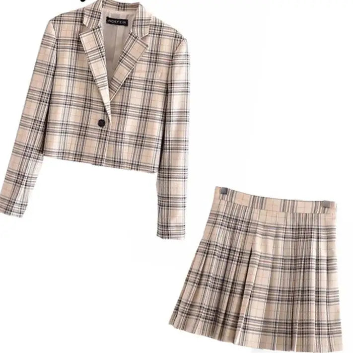 Fashion Plaid Blazer Jackets and Mini Skirt Set for Women