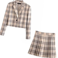 Fashion Plaid Blazer Jackets and Mini Skirt Set for Women