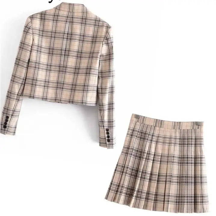 Fashion Plaid Blazer Jackets and Mini Skirt Set for Women