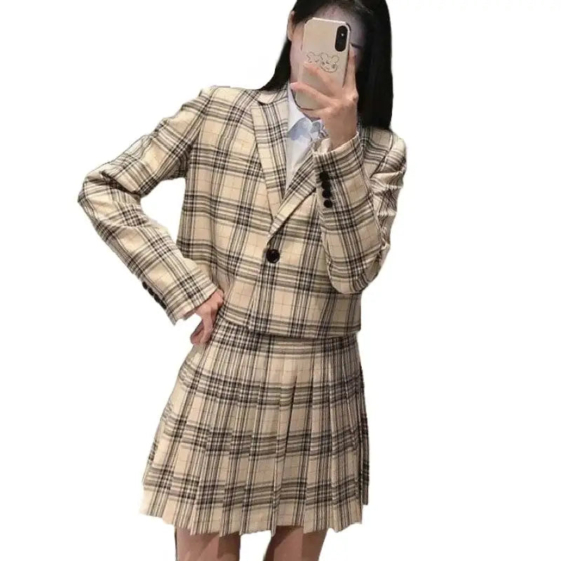 Fashion Plaid Blazer Jackets And Mini Skirts - Set