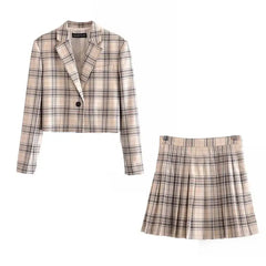 Fashion Plaid Blazer Jackets And Mini Skirts