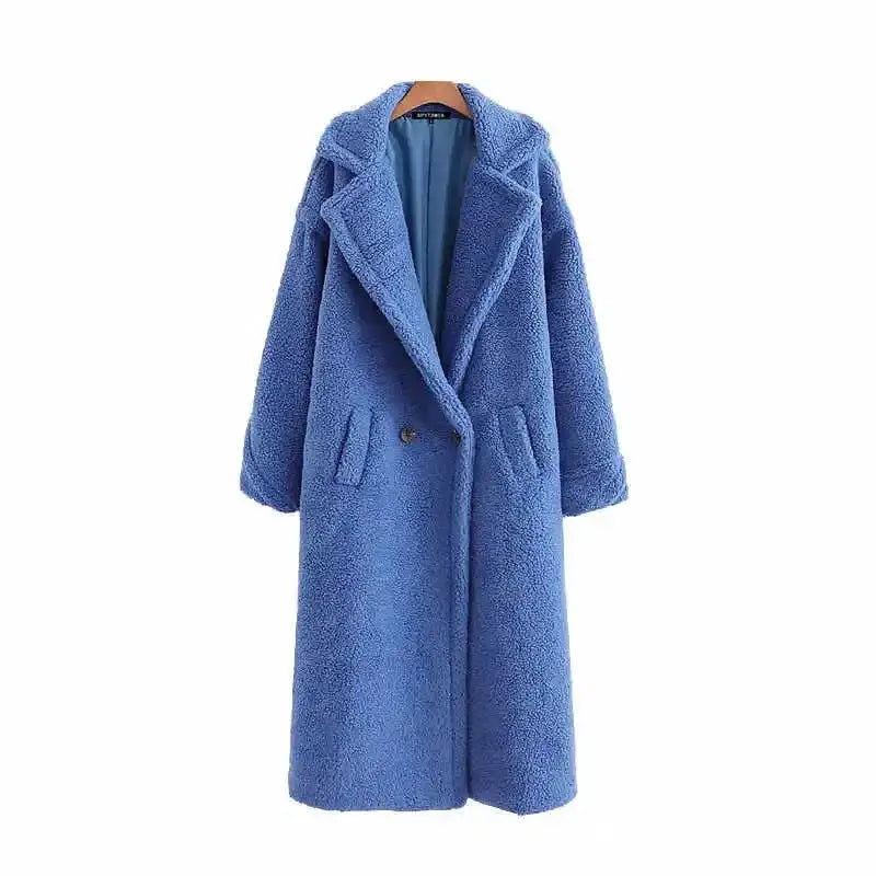 Fashion Pockets Thick Warm Faux Fur Coat - Blue / S