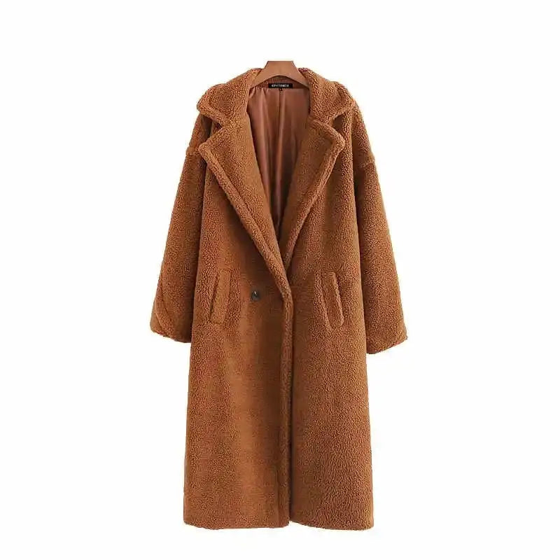Fashion Pockets Thick Warm Faux Fur Coat - Camel / S