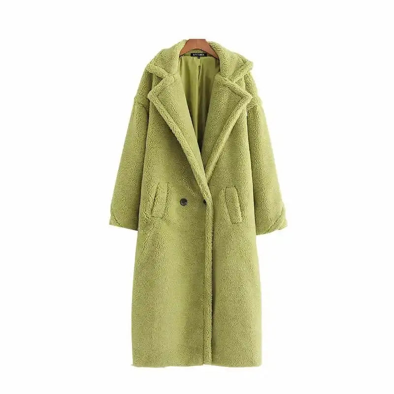 Fashion Pockets Thick Warm Faux Fur Coat - Green / S