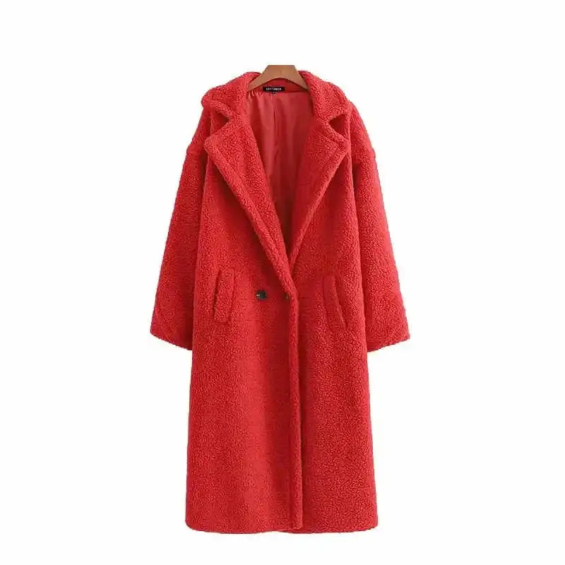 Fashion Pockets Thick Warm Faux Fur Coat - Red / S