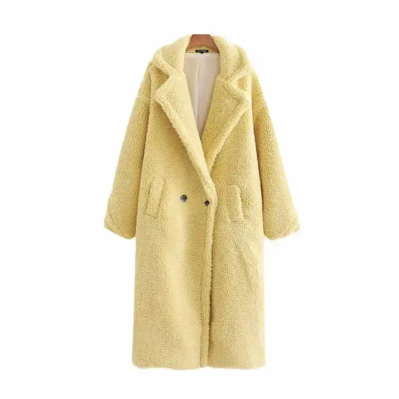 Fashion Pockets Thick Warm Faux Fur Coat - Yellow / S