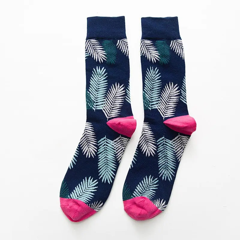 Fashion Short Pattern Socks - Navy Leaves / One Size