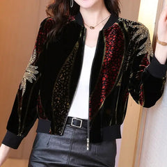 Fashion Velvet Sequins Zipper Long Sleeve Jacket