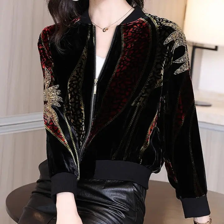 Fashion Velvet Sequins Zipper Long Sleeve Jacket