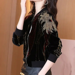 Fashion Velvet Sequins Zipper Long Sleeve Jacket