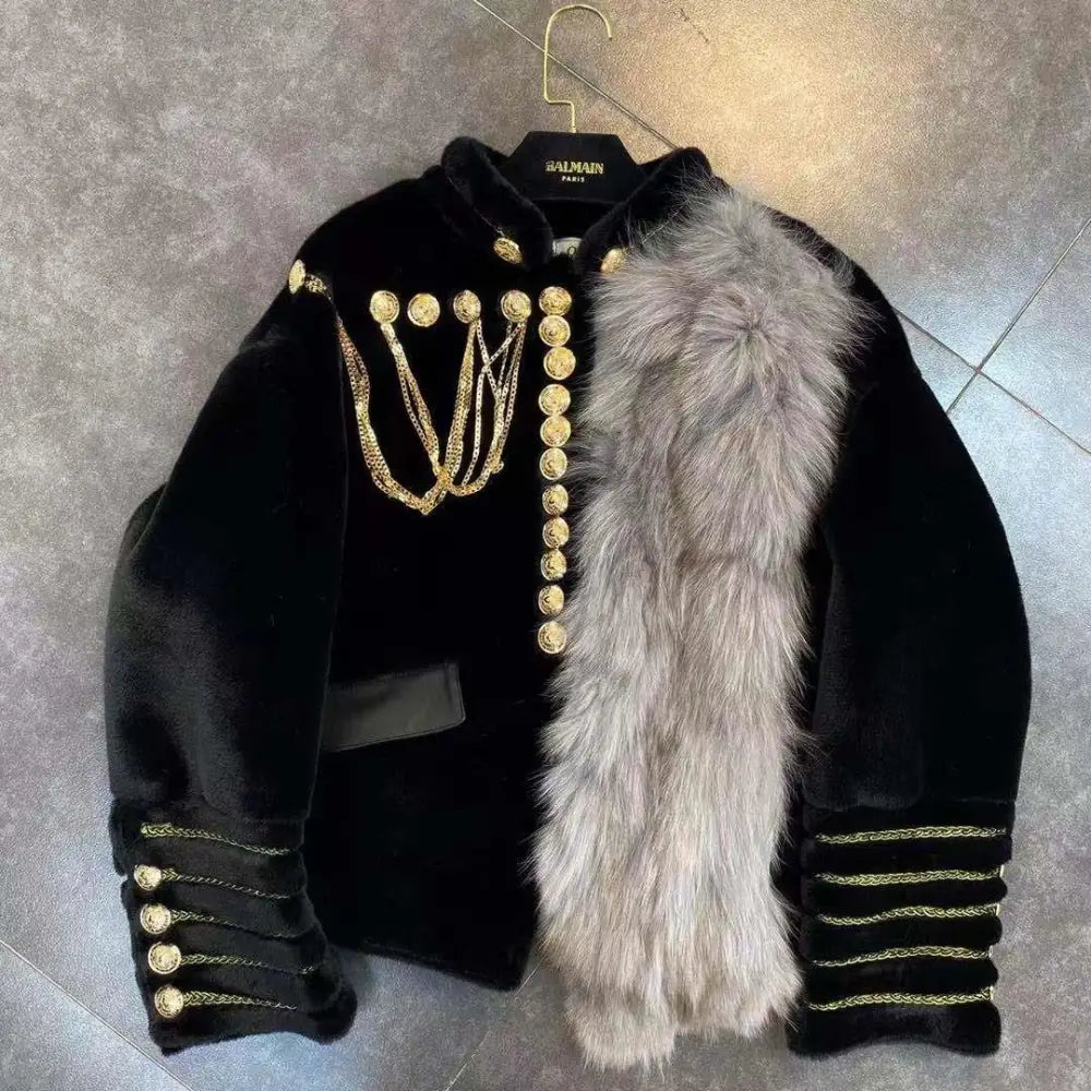 Faux Fox Fur Gold Buckles Chain Jacket