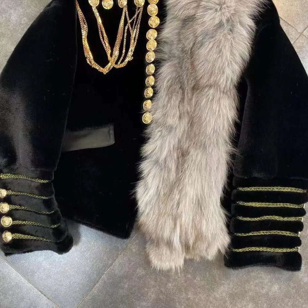 Faux Fox Fur Gold Buckles Chain Jacket