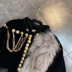 Faux Fox Fur Jacket with Gold Buckles and Chain