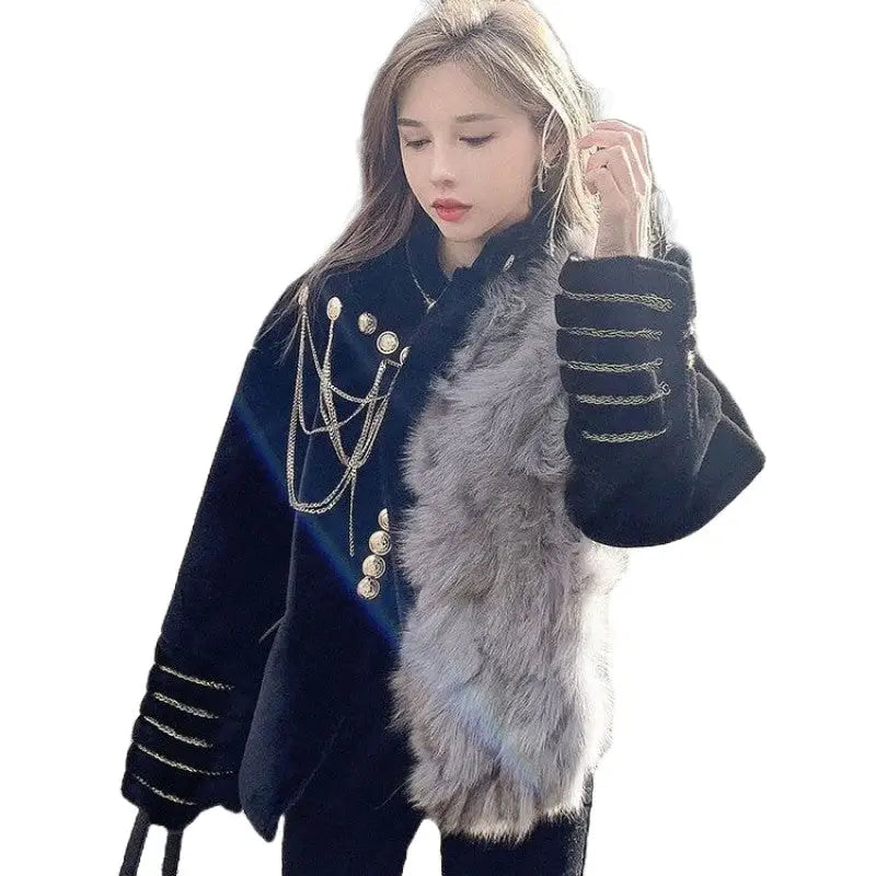 Faux Fox Fur Jacket with Gold Buckles and Chain